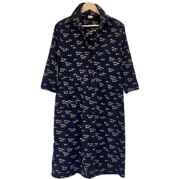 NAVY Blue Vintage Cotton Midi Dress Nautical Boats and Harbour Print Coastal - Picture 12 of 12